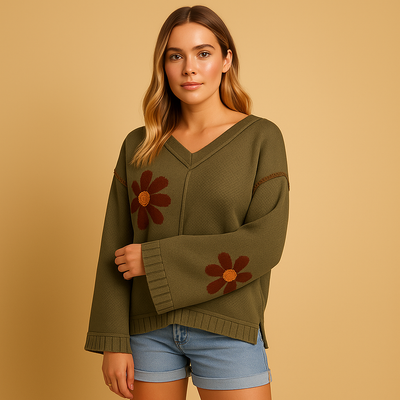 Pull femme en maille à col en V avec motif floral | Elvira
